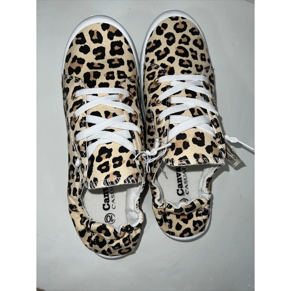 Leopard Women‎ Lace Up Canvas Shoes Low Top Slip On Sneakers Walking Flats Shoes